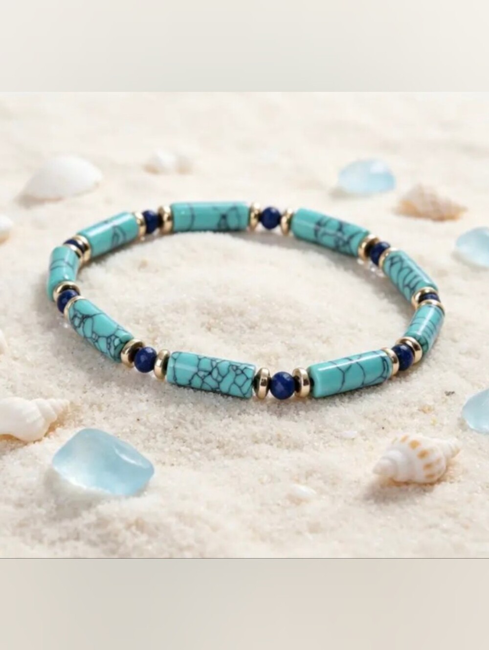 Natural Turquoise & Lapis Lazuli Tube Beaded Boho Bracelet NWT